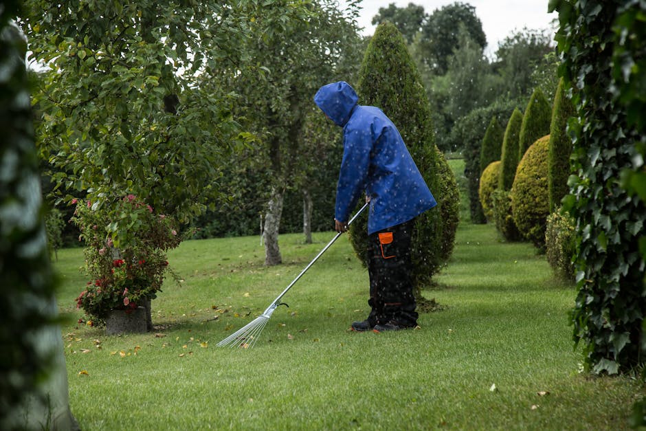 A gardener wearing orange work trousers and grey shoes is using a petrol-powered brush cutter to trim grass and weeds along a garden pathway. The tool has a long handle and a rotating cutting head, wh